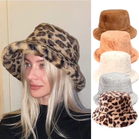 Leopard Animal Print Bucket Hat Faux Fur Fuzzy Packable - Picture 1 of 7